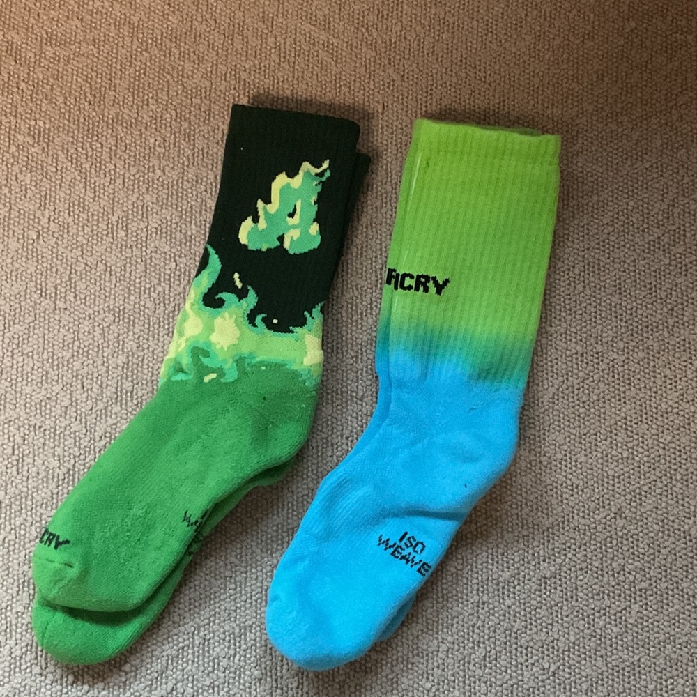 Men's Green & Blue Crew Socks with Flame Accent